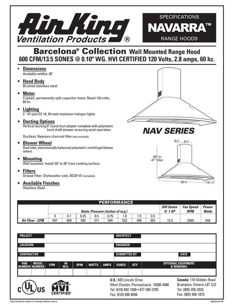 Air King Range Hood NAVARRA Specifications