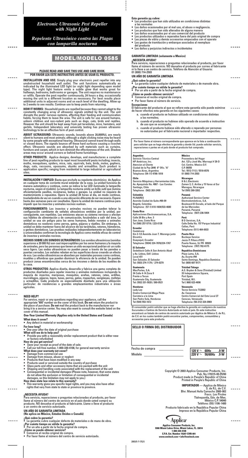 Applica 585 Installation instructions