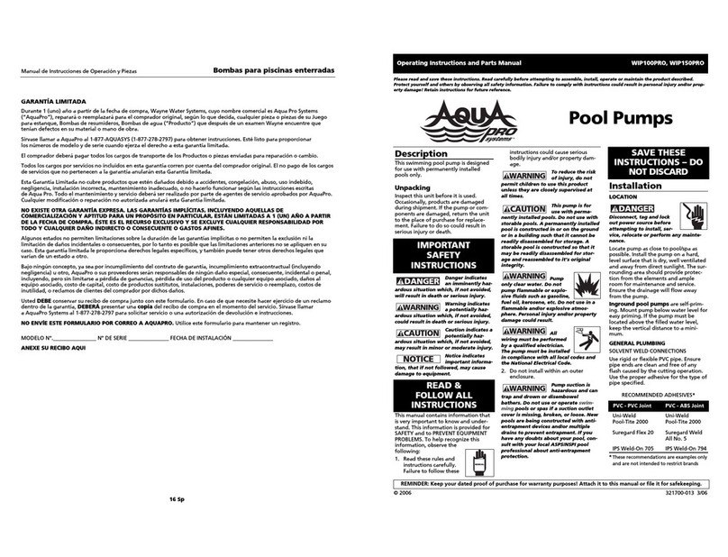 Aqua PRO WIP100PRO Operating instructions and parts manual