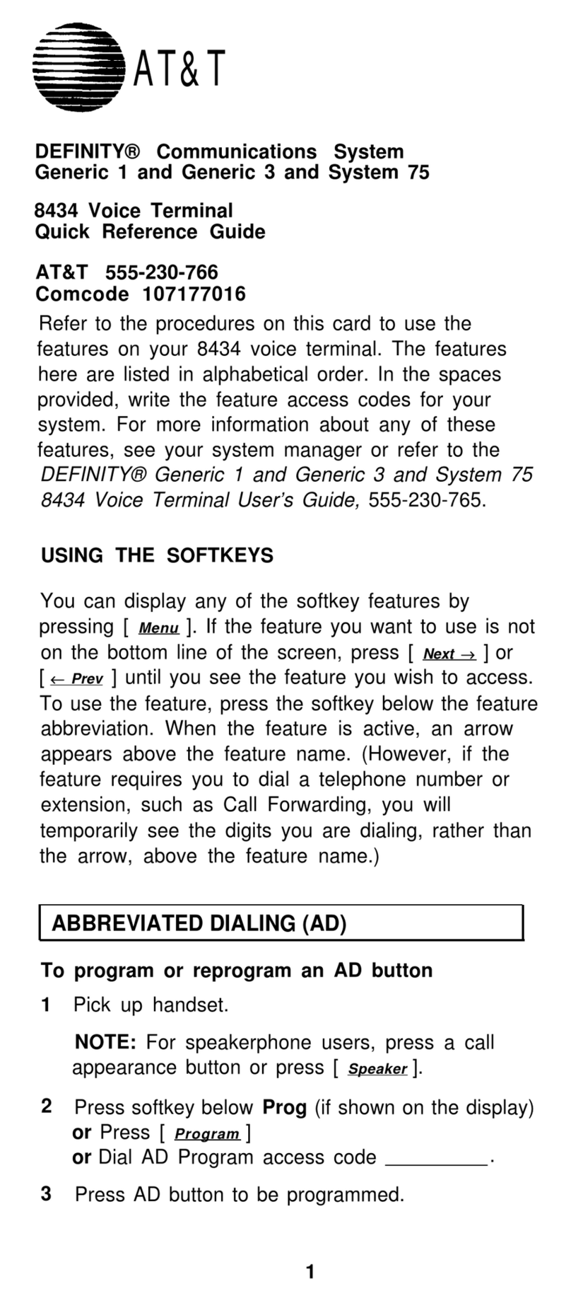 AT&T Definity Generic 3 User manual