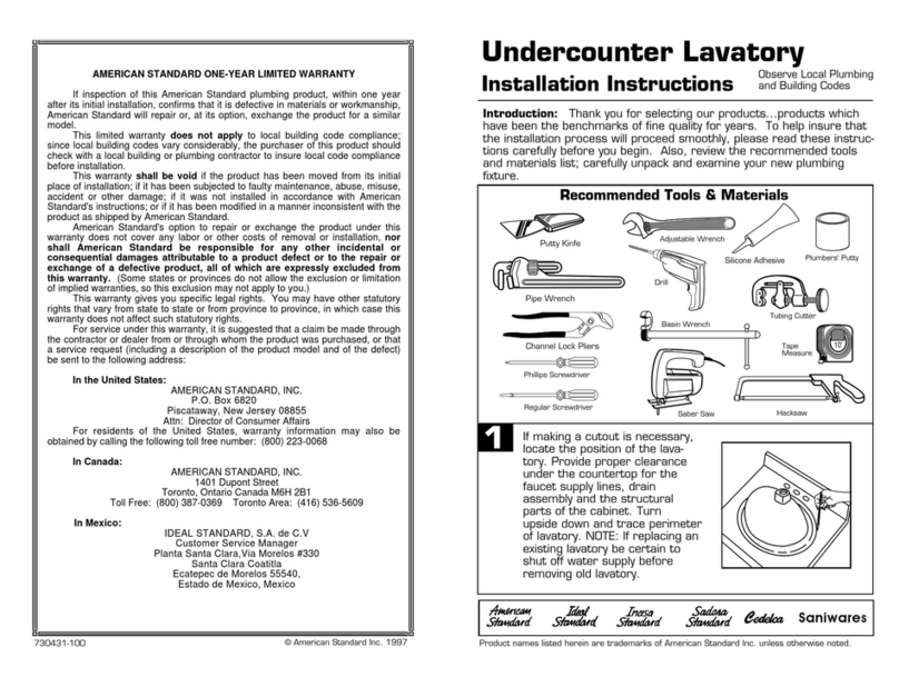 American Standard Undercounter Lavatory 730431-100 installation instructions American Standard Undercounter Lavatory 730431-100 installation instructions