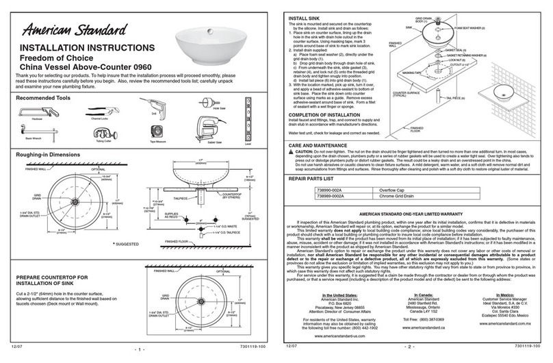 American Standard CHINA VESSEL ABOVE-COUNTER 960 User manual American Standard CHINA VESSEL ABOVE-COUNTER 960 User manual