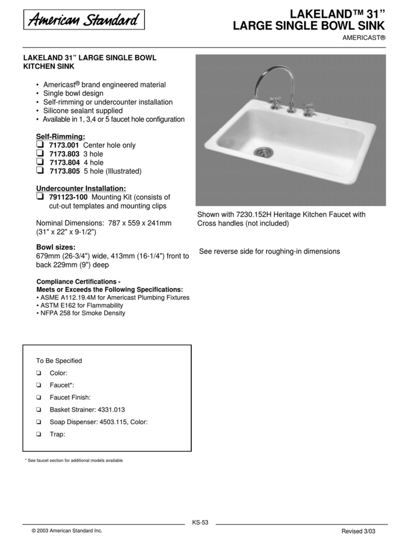 American Standard Lakeland 31" Large Single Bowl Sink 7173.001 Specification sheet
