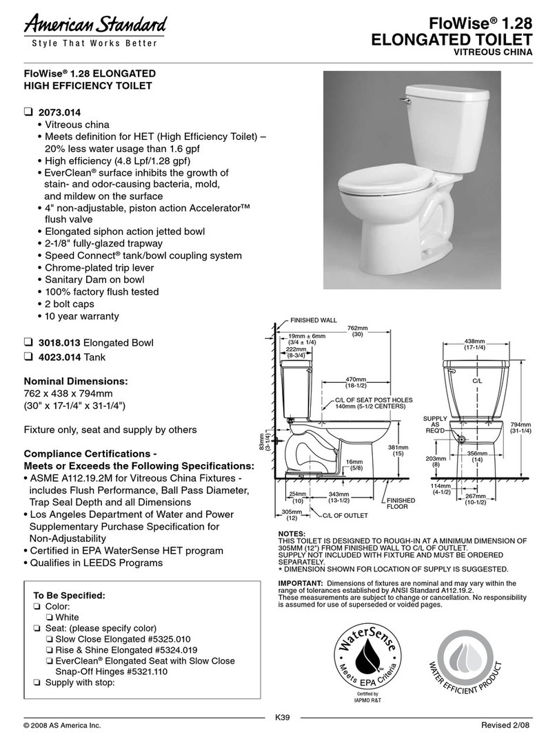 American Standard FloWise 1.28 Elongated Toilet 2073.014 User manual