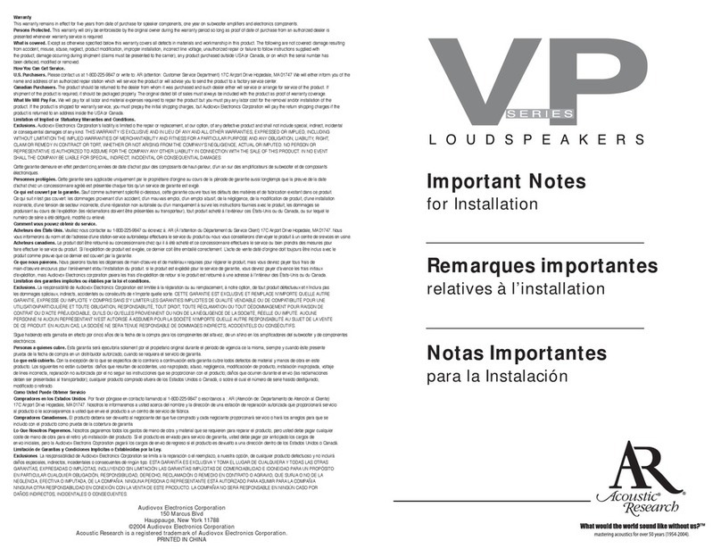 Acoustic Research VP Series Important notes