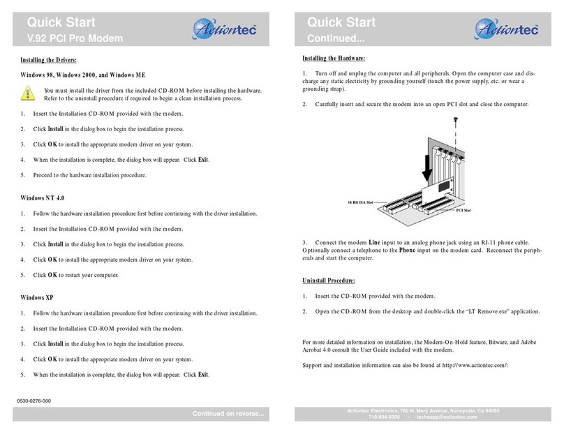 ActionTec V.92 PCI Pro Modem 0530-0276-000 User manual