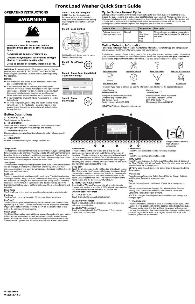 Whirlpool WFW9620HW quick start guide