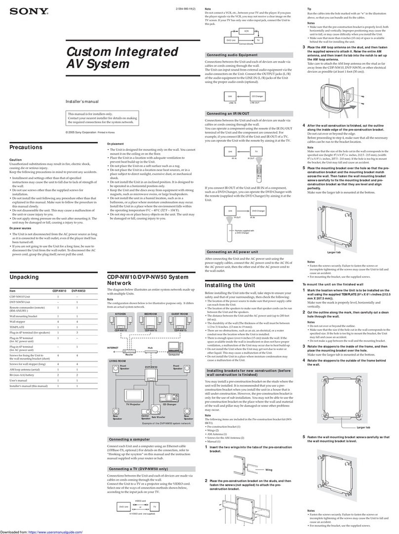 Sony DVP-NW50 - In-wall Dvd Player Installer manual
