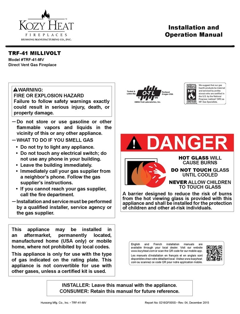 kozy heat MILLIVOLT TRF-41 Installation and operation manual