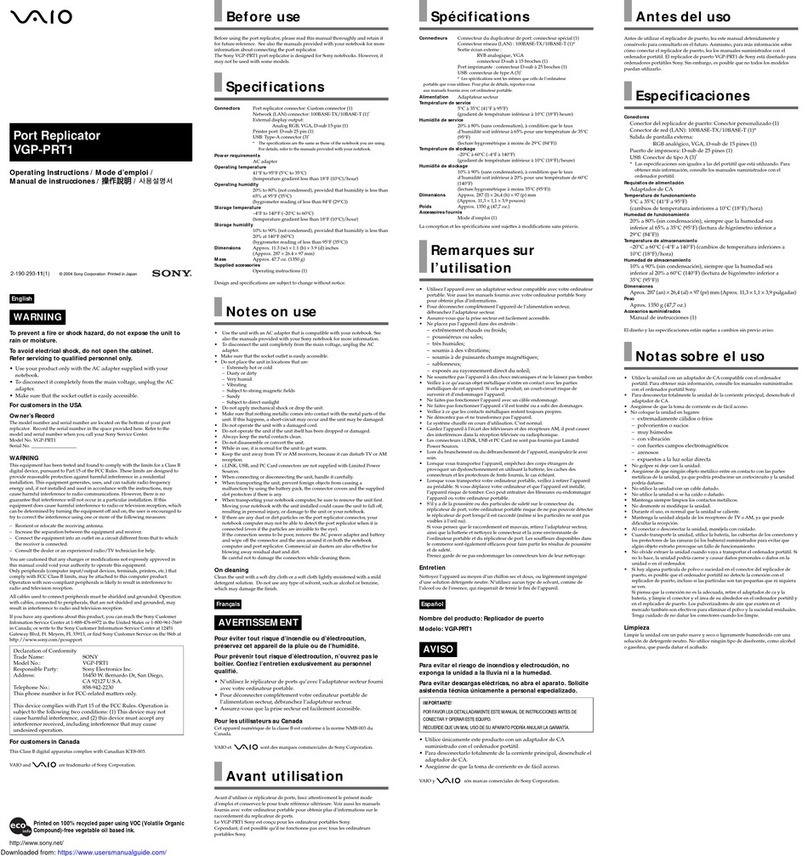 Sony VAIO VGP-PRT1 operating instructions