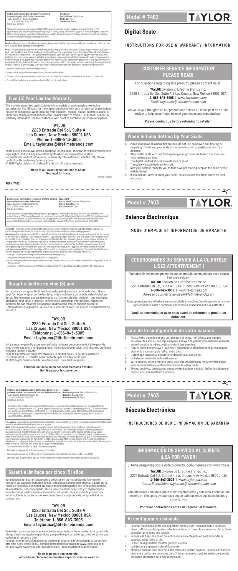 Taylor 7403 Instructions for use & warranty information