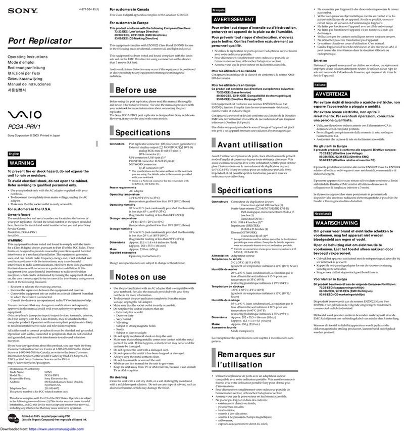 Sony VAIO PCGA -PRV1 operating instructions