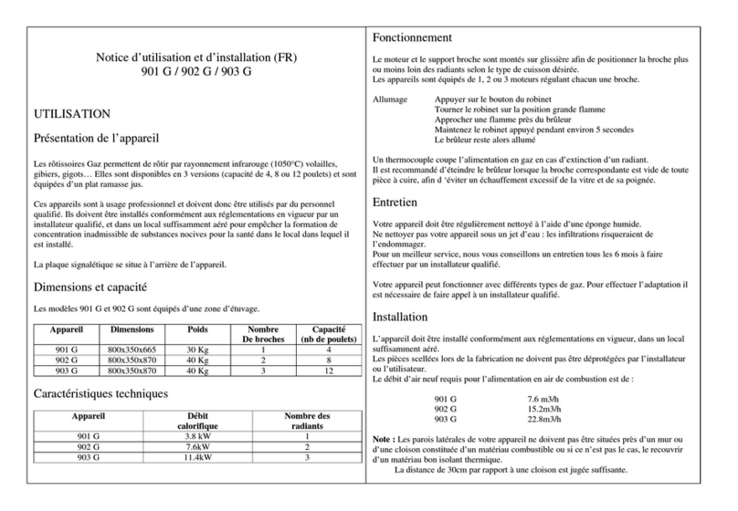 Roller Grill 901 G Instructions for use and installation