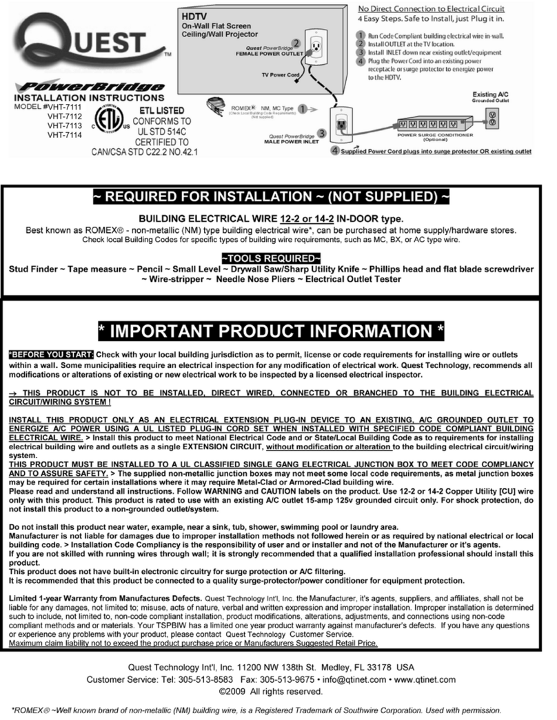Quest Engineering PowerBridge VHT-7111 installation instructions
