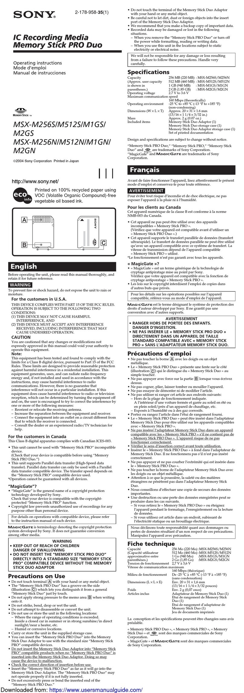 Sony Pro Duo MSX-M512S User manual