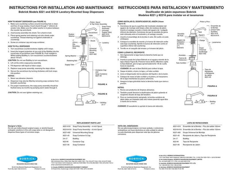 Bobrick 82216 Operating and maintenance manual