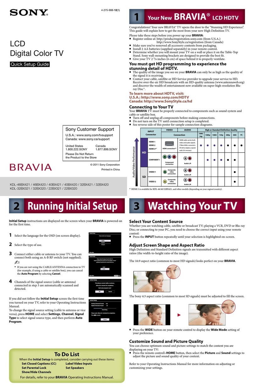 Sony BRAVIA KDL-40BX421 Quick setup guide