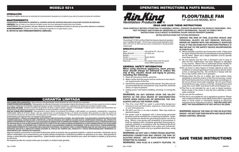Air King 9214 Operating instructions & parts manual