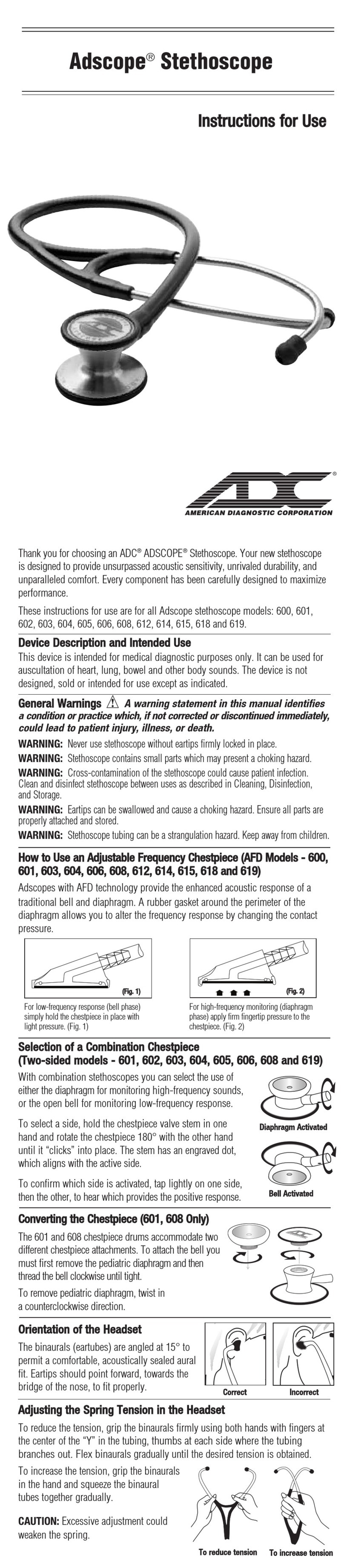 ADC Adscope Stethoscope 600 User manual