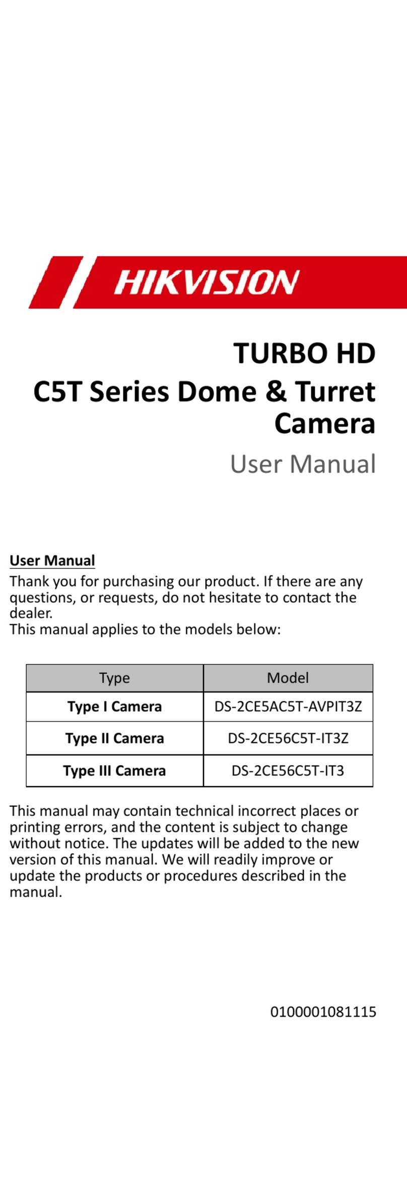 HIK VISION TURBO HD DS-2CE5AC5T-AVPIT3Z user manual
