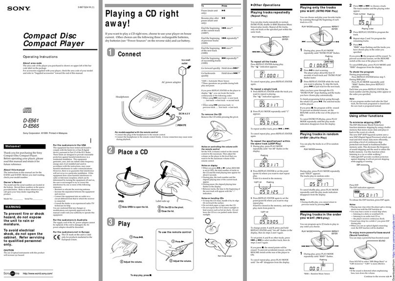 Sony D-E565 - Compact Disc Player User manual