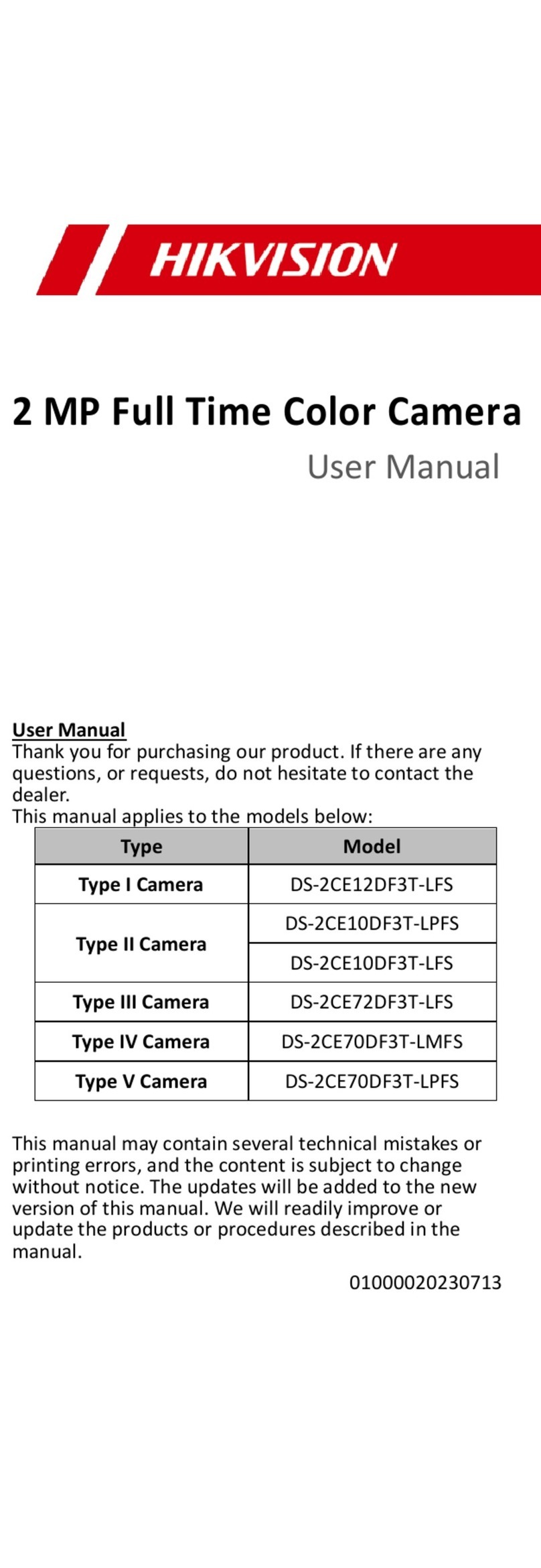 HIK VISION DS-2CE12DF3T-LFS user manual