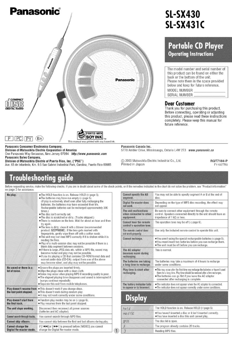 Panasonic SLSX430 - PORTABLE CD PLAYER operating instructions
