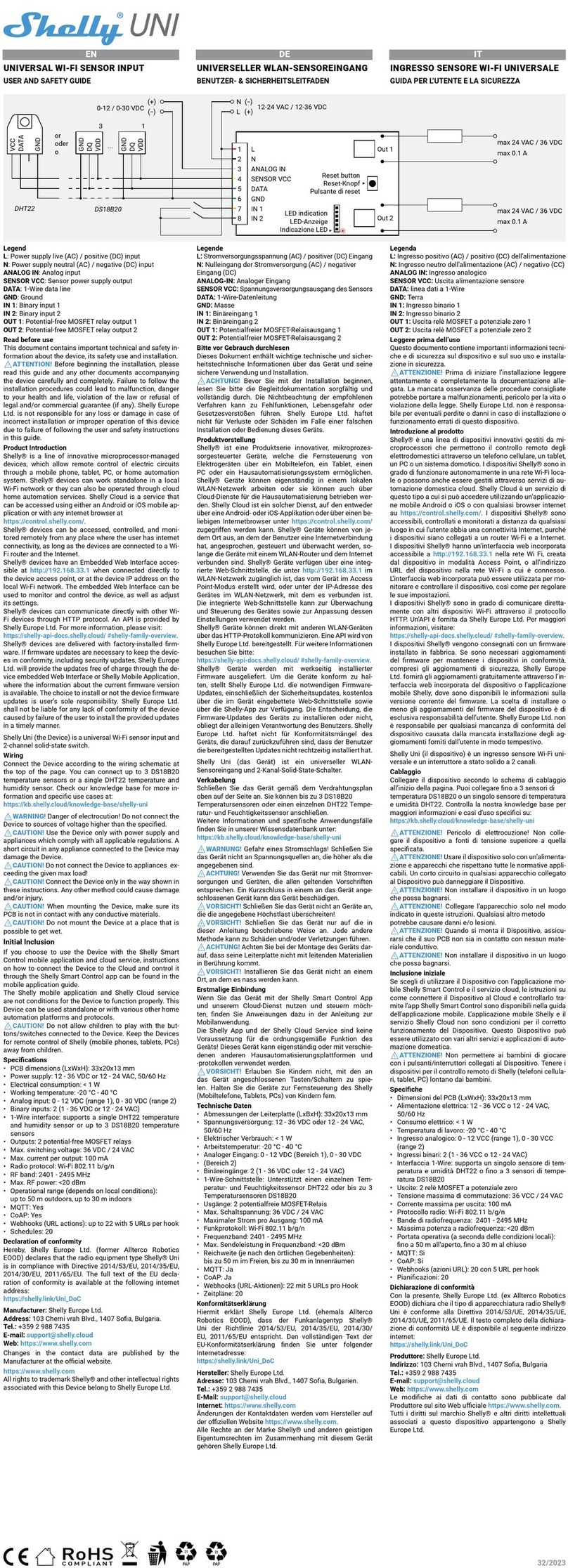 Shelly Uni User and safety guidelines