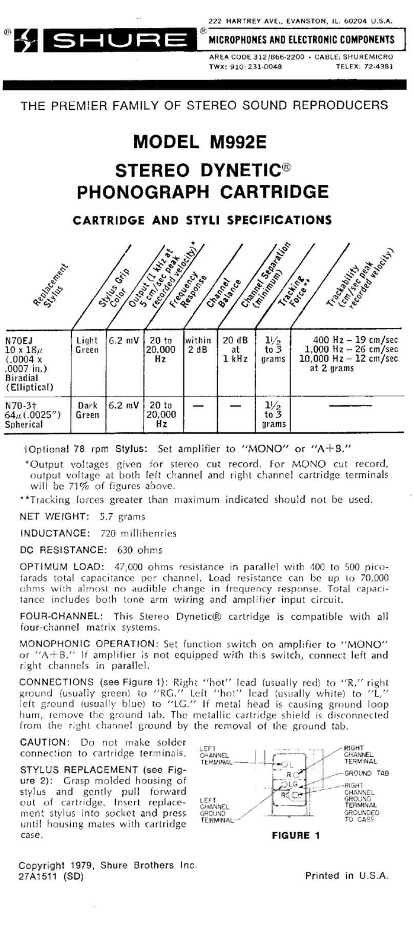 Shure STEREO DYNETIC M992E User manual