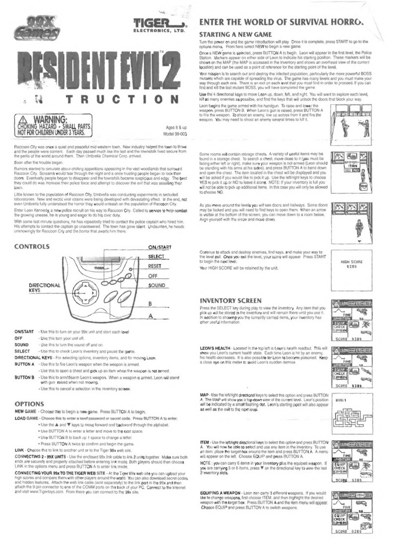 Tiger 99X Games BESIDENT EVIL 2 99-003 User manual