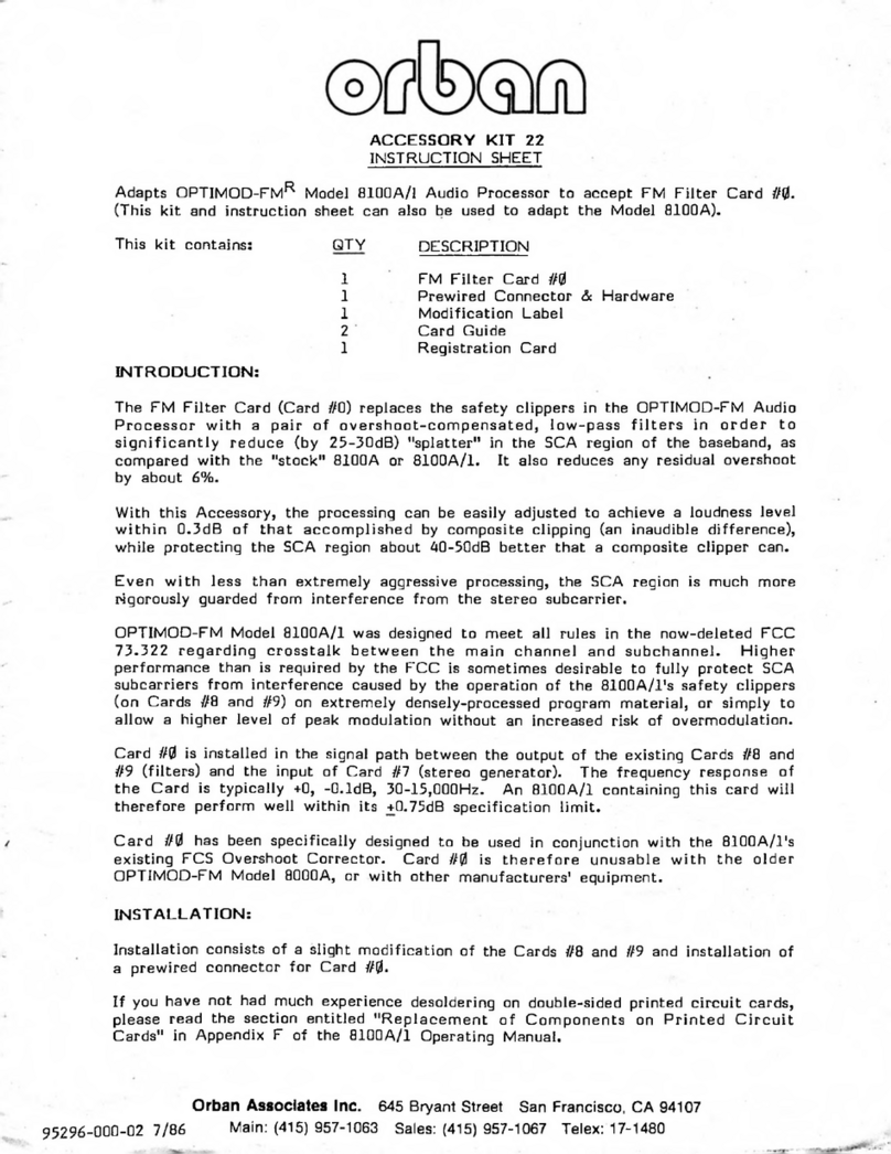 Orban OPTIMOD-FMR 8100A/1 instruction sheet