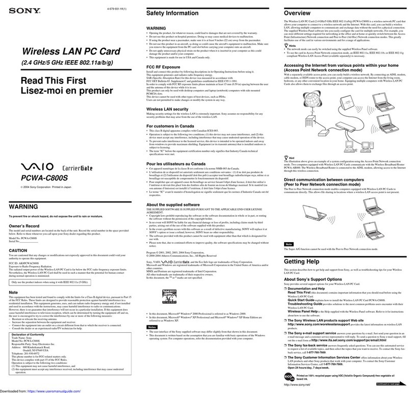 Sony VAIO PCWA-C800S Instruction sheet Sony VAIO PCWA-C800S Instruction sheet
