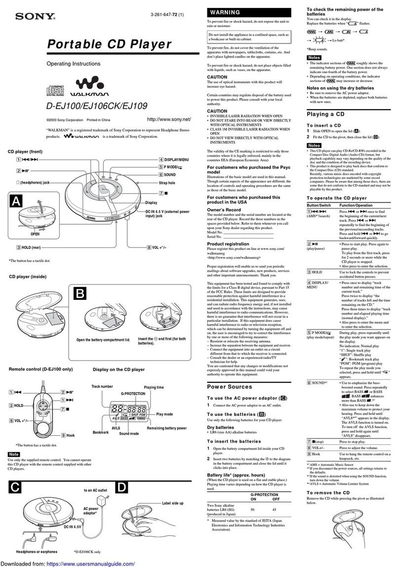 Sony CD Walkman D-EJ100 operating instructions