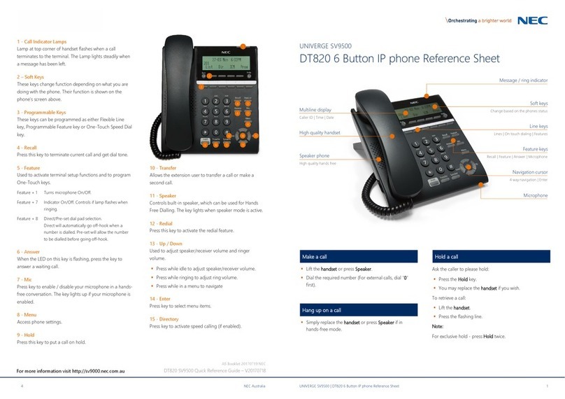 NEC Univerge SV 9500 Reference sheet