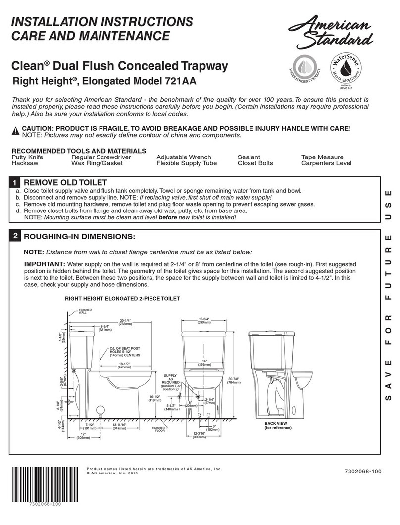 American Standard 721AA INSTALLATION INSTRUCTIONS CARE AND MAINTENANCE
