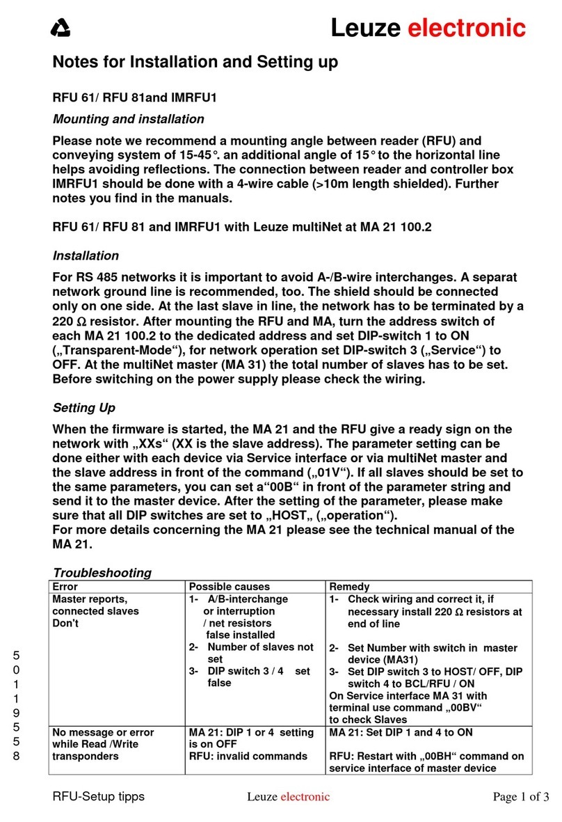 Leuze electronic RFU 61 Notes for Installation and Setting up Leuze electronic RFU 61 Notes for Installation and Setting up