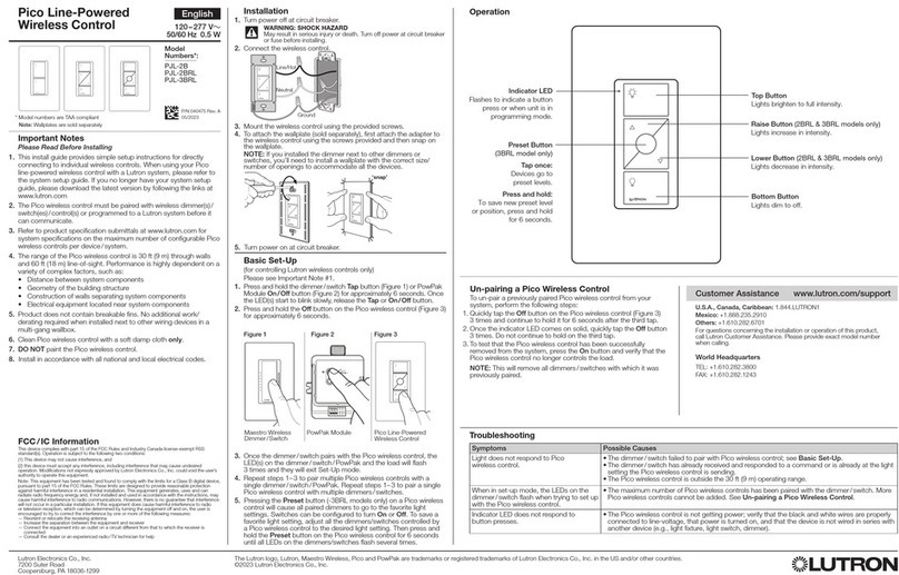 Lutron Electronics Pico PJL-2B User manual