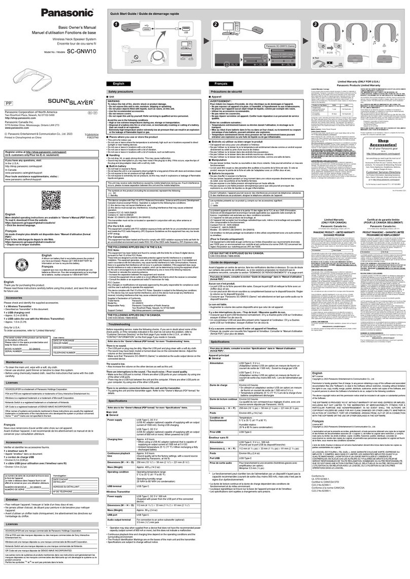 Panasonic SOUNDSLAYER SC-GNW10 Installation and service instructions
