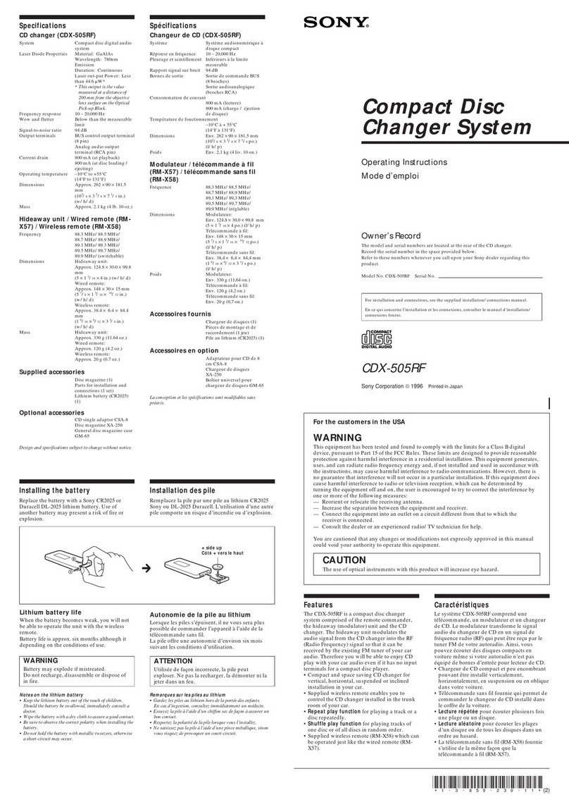 Sony CDX-505RF - Compact Disc Changer System User manual