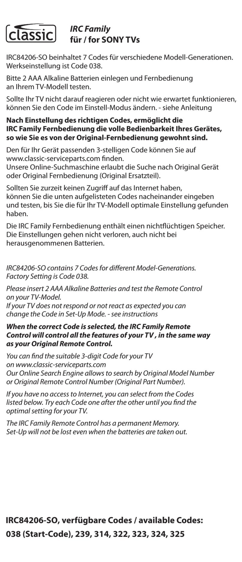 Classic IRC84206-SO User manual
