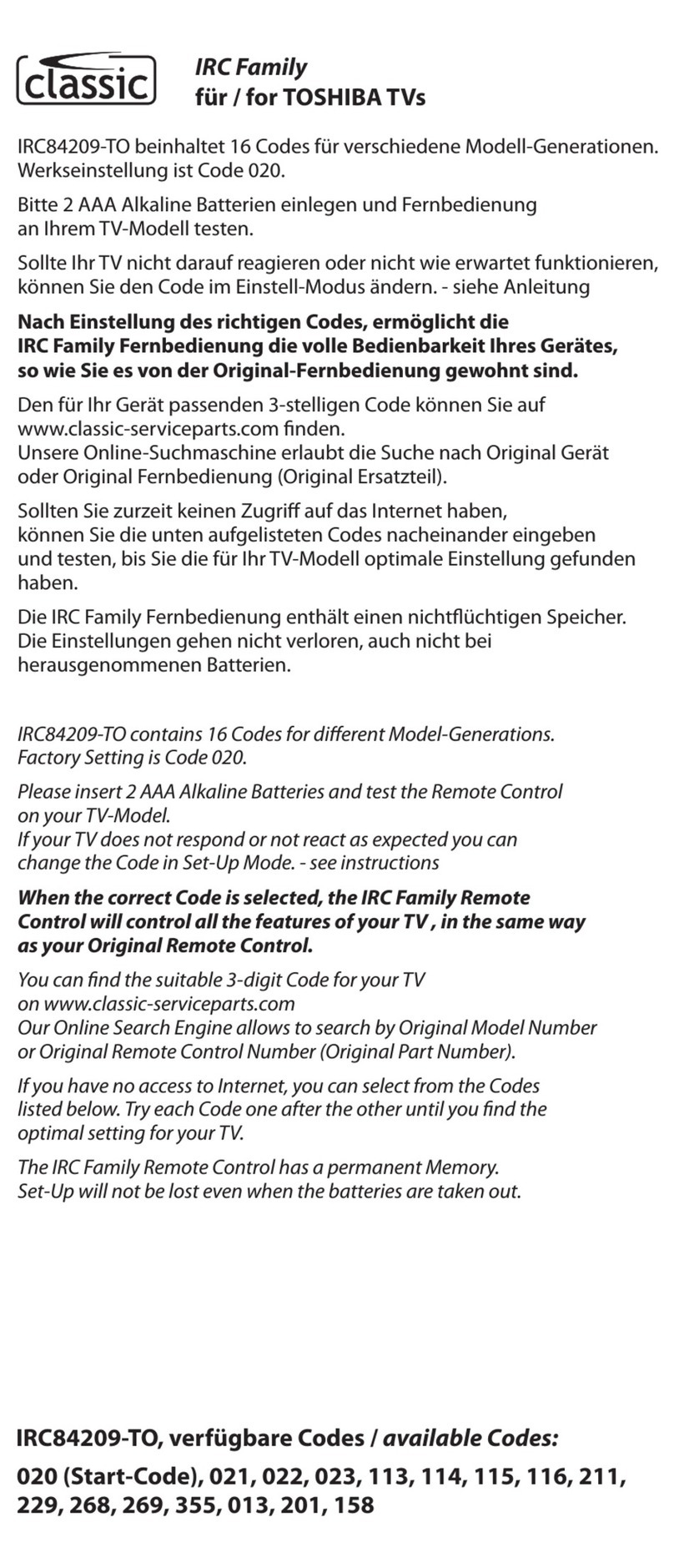 Classic IRC84209-TO manual
