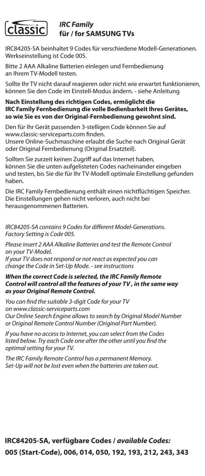 Classic IRC84205-SA User manual