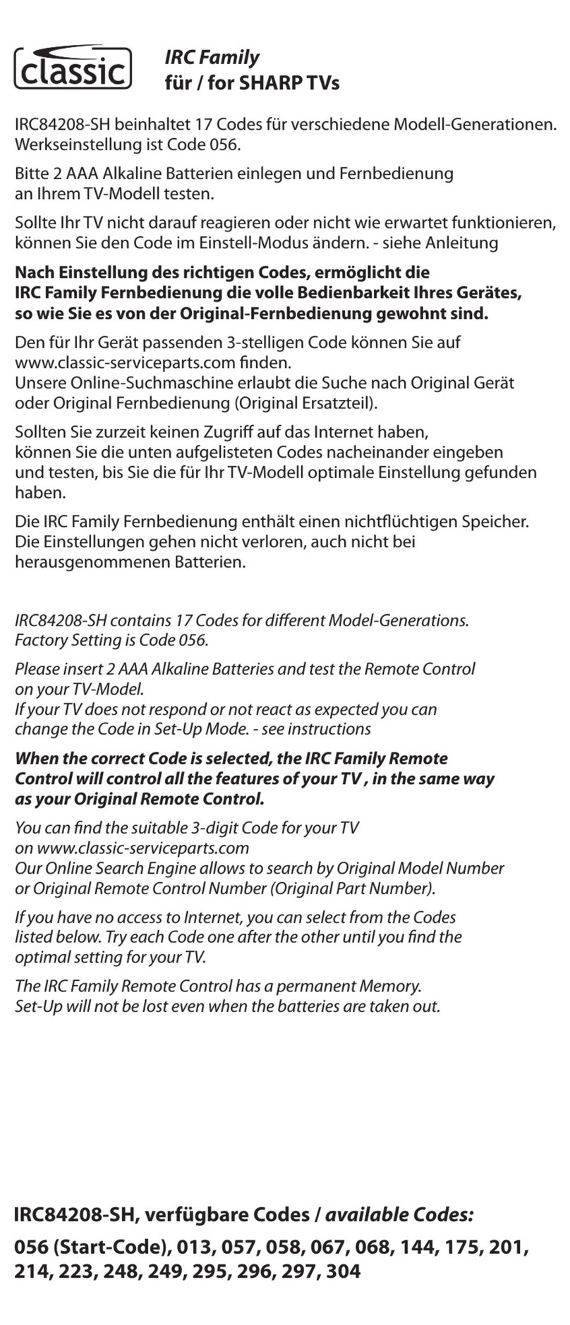 Classic IRC84208-SH manual