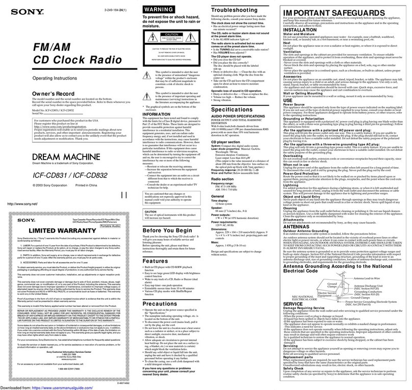 Sony DREAM MACHINE ICF-CD831 operating instructions