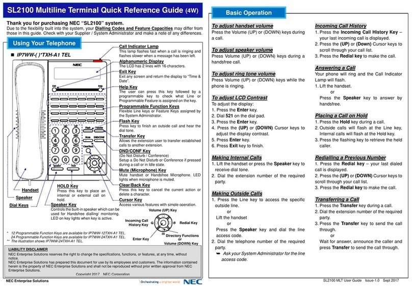 NEC UNIVERGE SL2100 Quick reference guide