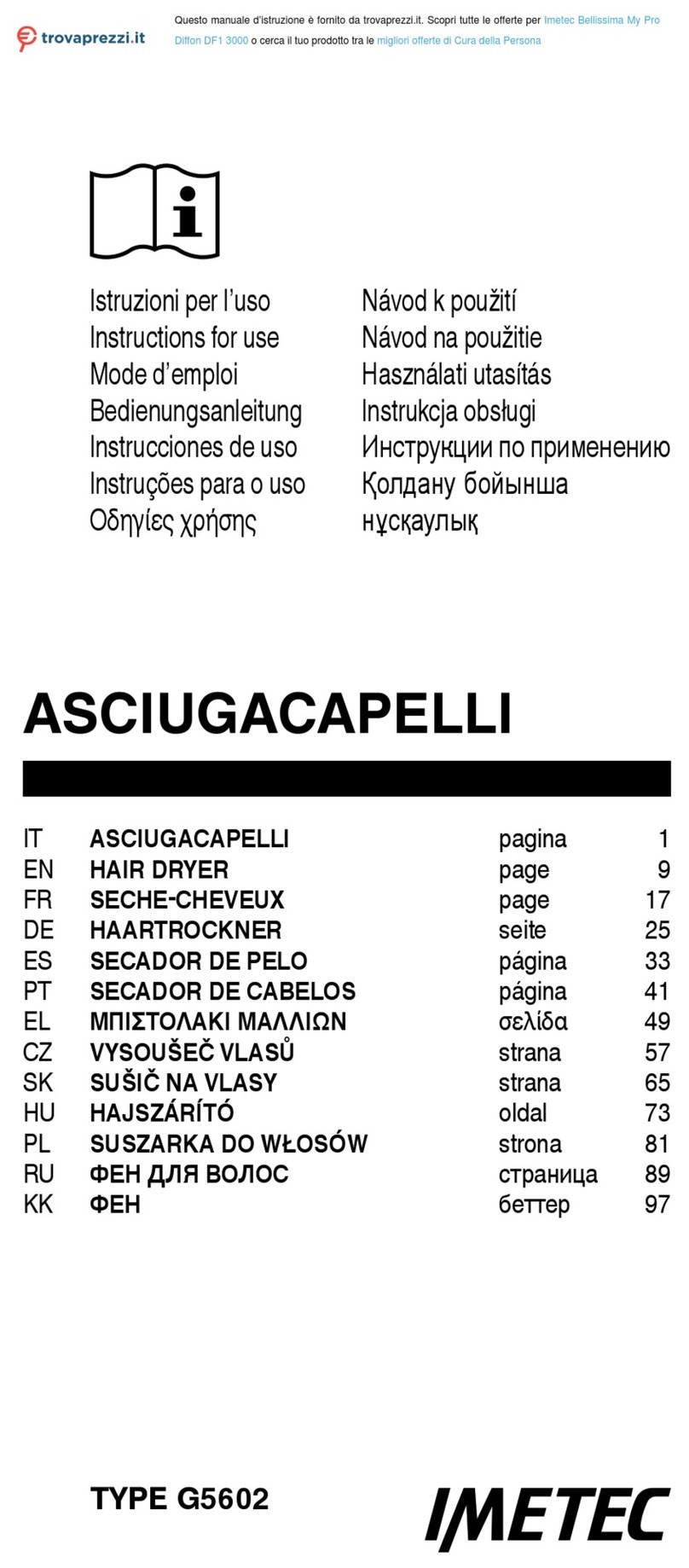 Imetec Bellissima My Pro Diffon DF1 3000 User manual