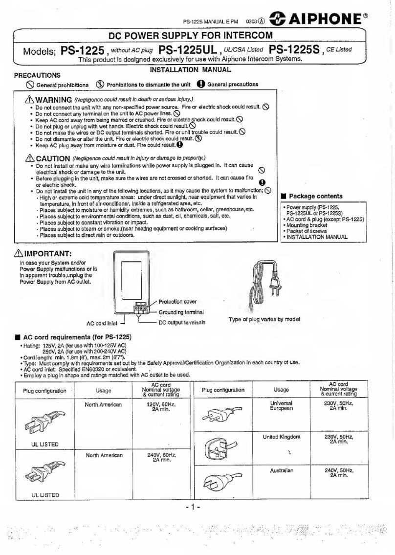 Aiphone PS-1225 installation manual