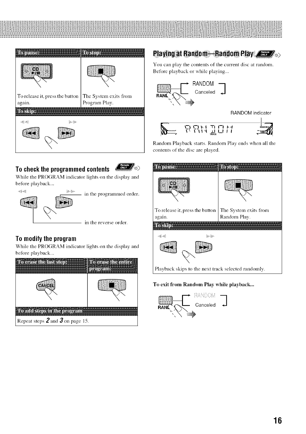 ili_::::::"_) To select track 30, press
::::::::::::::::::::::
_.':':i:i_ +I0, +I0, then I0.
Disc number Program step number
Track number
4Repeat steps 2and 3until you program all tracks you
want.
5Start playback.
The tracks you have selected
are played back in the order
you have programmed.
• When all the programmed tracks played, the System
exits from Program Play.
15
![