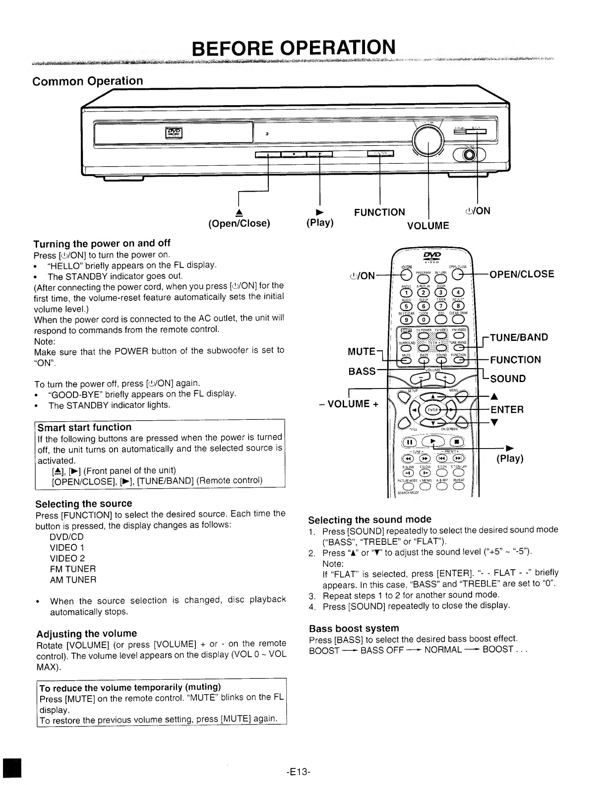 fjl
rv
POWER
TWTDEO
FM
MODeI
-O
O
CD
O
S
URROU
ND
TUNE
■
BAND
O
OiiiiOi
O
MUTE
BASS
SOUND
FUNCTION
0000
VO
L
UME
CiSC
Z)(j
3
-TU
NE-I-
_
■
PRESETS
©
)
RSLOW
FSLOW
St'cr
ST
ON'OFF
®
®
O
O
Picture
MODE
lmemo
a-bref
repeat
o
0
o
o
If
a
power
failure
occurs,
reset
the
clock
again.
-E12-
![
