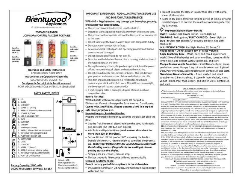 Brentwood Appliances RJB-100BK Operating and safety instructions